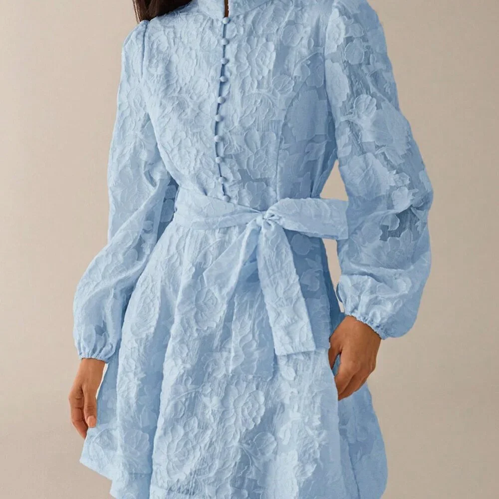 Baby Blue Elegant Women's A-Line Puff Sleeve Short Dress with Stand Collar